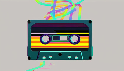 a close up of a cassette, rainbow colors, 80-90s style, retro style, stylized illustration