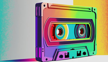 a close up of a cassette, rainbow colors, 80-90s style, retro style, stylized illustration