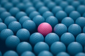 A unique blue golf ball stands out among a group of pink golf balls, all lined up in a row. Generative AI