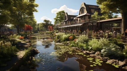 Naklejka premium Captivating Water Landscapes: Exploring the Architecture and Serenity of Beautiful Cities Around the World, generative AI