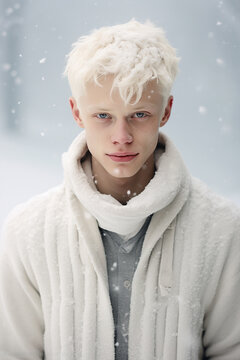 portrait of beautiful smiling young albino man standing under snowing