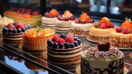 Small cakes on display at the patisserie counter.