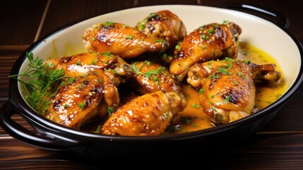 Baked chicken wings and legs in honey mustard sauce.