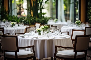 Fototapeta na wymiar The white round banquet tables in the restaurant. Stylish event decor.