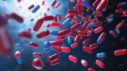 A group of antibiotic pill capsules fallling. Healthcare background. - obrazy, fototapety, plakaty