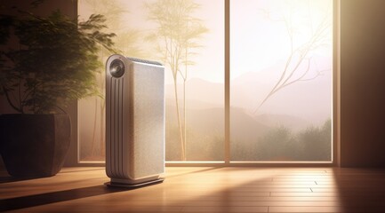 Modern air purifier in the room. Fresh air and healthy life.
