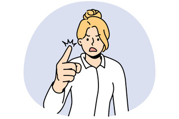 Furious businesswoman feel emotional screaming and scolding. Mad woman point with finger shout and lecture. Vector illustration.