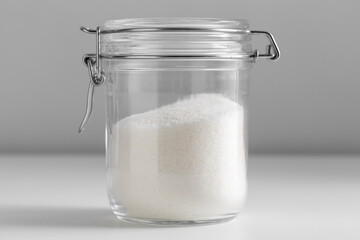 food, cooking and unhealthy eating concept - close up of white sugar glass jar on table