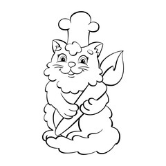 Fluffy cat artist cook with a brush in his paws. Coloring page for kids. Digital stamp. Cartoon style character. Vector illustration isolated on white background.