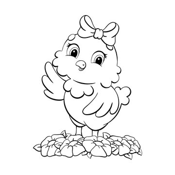 Coloring book page for kids. Cute chicken. Cartoon style character. Vector illustration isolated on white background.