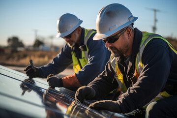 dynamic photo capturing solar panel technicians at work, installing and connecting panels, showcasing the process of transitioning to clean energy - obrazy, fototapety, plakaty
