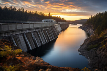 artistic photo showcasing a dam's reflection on calm, pristine water, symbolizing the harmony between renewable energy and nature