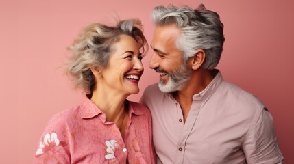 Beautiful gorgeous 50s mid age elderly senior model couple with grey hair laughing and smiling. Mature old man and woman close up portrait. Healthy face skin care beauty, skincare cosmetics, dental