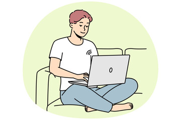 Smiling guy sit on couch working on laptop using wireless network. Happy young man relax on sofa browse internet on computer. Vector illustration.
