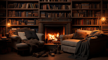 A cozy and dimly lit den with bookshelves lining the walls - obrazy, fototapety, plakaty