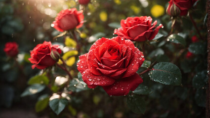 Macro foto di una rosa in un giardino di rose rosse con gocce d'acqua sui fiori e raggi di luce - obrazy, fototapety, plakaty