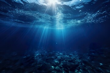 underwater scene with sun rays，Sunlight shines through the sea surface into the sea, and the sunlight is refracted into the sea from the perspective of the sea - Powered by Adobe
