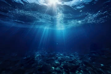 Poster underwater scene with sun rays，Sunlight shines through the sea surface into the sea, and the sunlight is refracted into the sea from the perspective of the sea © yuanfeng Z