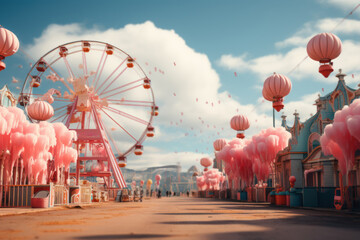 A carnival with a ferris wheel and cotton candy, evoking nostalgia for classic amusement parks. Generative Ai. - obrazy, fototapety, plakaty