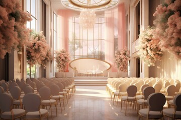 Fototapeta na wymiar Elegant ceremony venue adorned in soft pink and copper tones, exhibiting harmonious colors and plenty of space. Advanced technology integrated. Generative AI