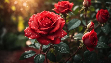 Fotobehang Macro foto di una rosa in un giardino di rose rosse con gocce d'acqua sui fiori e raggi di luce © Wabisabi