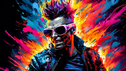 A digital illustration of a punk and gritty artwork featuring an explosive clash of vibrant neon colors with chaotic brushstrokes and jagged lines. Generated Image. 