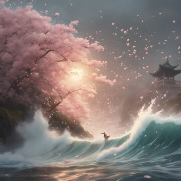 Cherry Blossoms and Waves: A Symbolic Illustration of Spring and Life