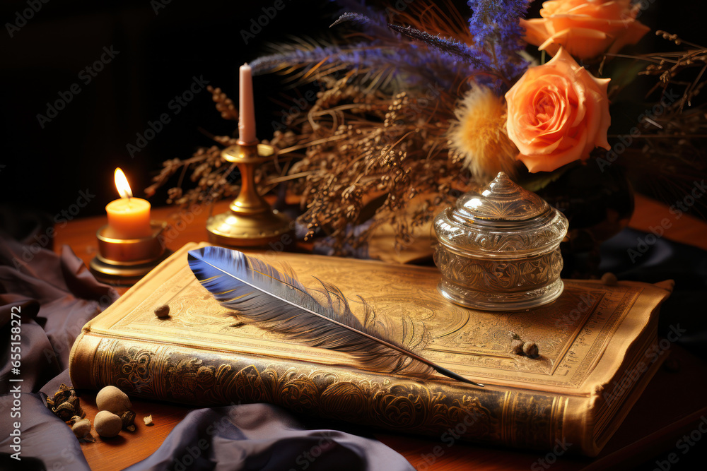Poster a philosopher's quill pen poised above a blank scroll, ready to articulate profound thoughts and que