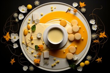 Overhead food arrangement with custard dessert. Generative AI