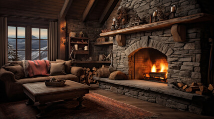 Fototapeta na wymiar A cozy cabin living room with a stone fireplace, log walls, plaid upholstery, and a large bear-skin rug