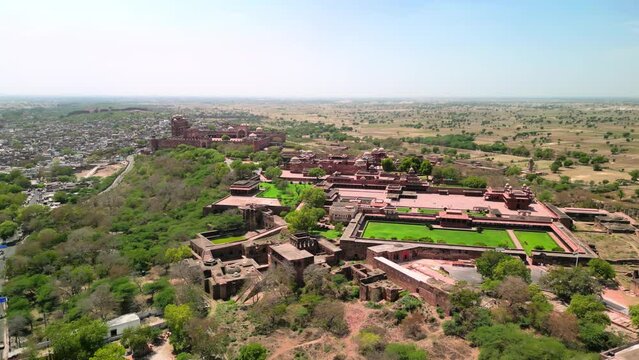 Fatehpur Sikri, India: Aerial view of Fatehpur Sikri Fort in historic town in Uttar Pradesh - landscape panorama of South Asia from above