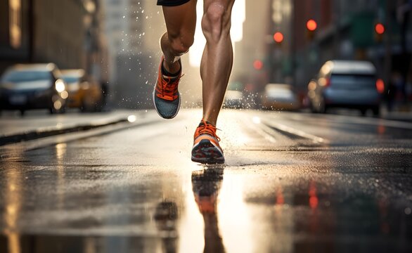 Marathon runner legs running on city street.