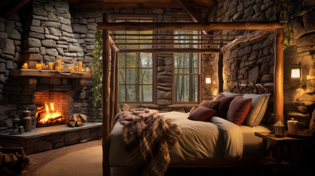 A cozy cabin bedroom with log walls, a stone fireplace, and a rustic canopy bed - Powered by Adobe