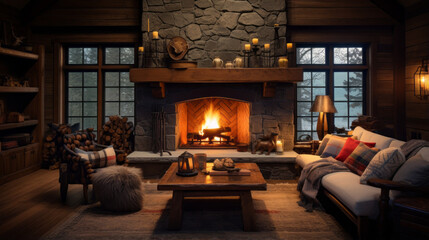 A cozy cabin living room with a stone fireplace, log walls, plaid upholstery, and a large bear-skin rug