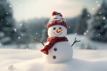 Fototapeta premium Happy snowman with big smile wearing hat and scarf at snow forest, Christmas and winter background.