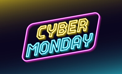 Neon design of Cyber Monday Sale banner. Outline neon italic text Cyber Monday with inclined frame. Yellow, blue and purple. Text template for digital ad and social media banners. Vector illustration