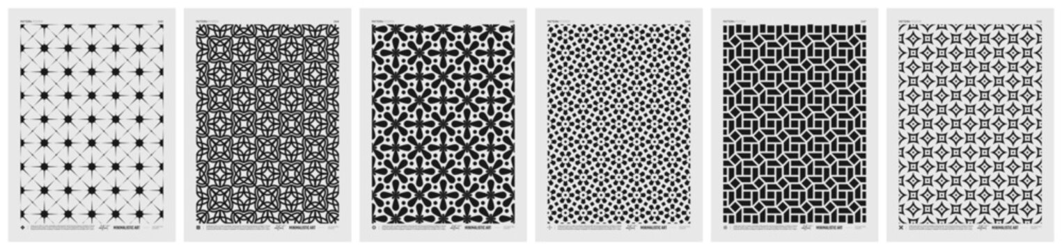 Abstract vector Minimalistic Posters with geometric pattern, Black and White rhythmic repeating texture, creative modern artwork with typically repeated element various shapes, set 8