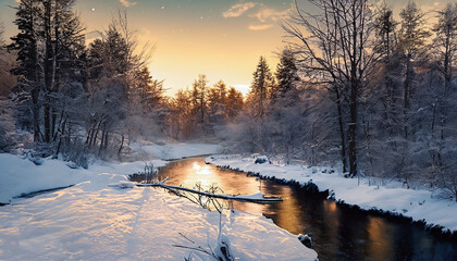 Winter forest, river at sunset.  Generative AI	
 - obrazy, fototapety, plakaty