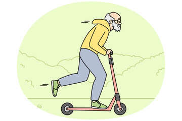Happy energetic elderly man riding on scooter outdoors. Smiling active old grandparent have fun driving on motorscooter. Maturity. Vector illustration.