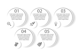 Business Infographic Design Template. minimal Timeline design with 5 steps, options and marketing icons. Vector linear infographic with five circle connected elements. Can be used for your presentatio