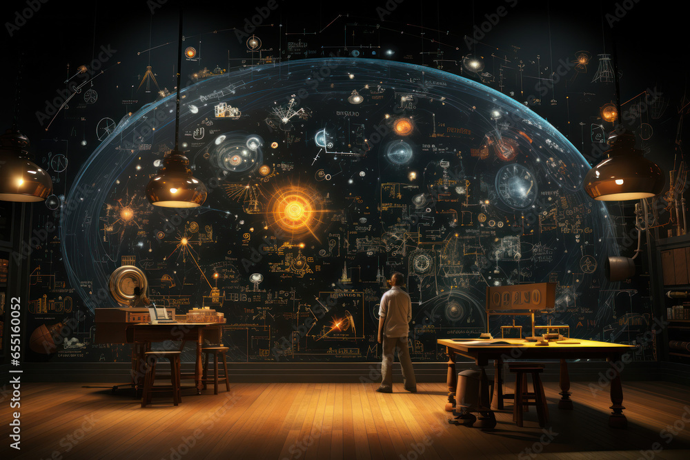 Poster a person studying quantum theory equations on a chalkboard, representing the mathematical foundation
