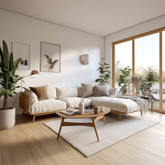 Modern living room with white lounge sofa and with a view through a large window - 655160014