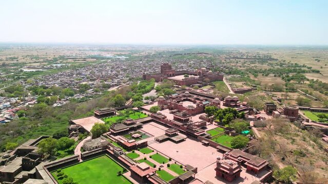 Fatehpur Sikri, India: Aerial view of Fatehpur Sikri Fort in historic town in Uttar Pradesh - landscape panorama of South Asia from above