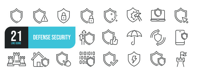 Set of line icons related to defense, security, secure, shield. Outline icons collection. Editable stroke. Vector illustration.