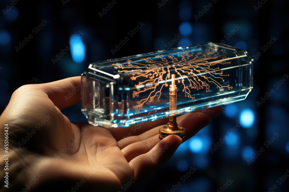 Poster a person's hand holding a glowing quantum key, symbolizing the role of quantum cryptography in secur