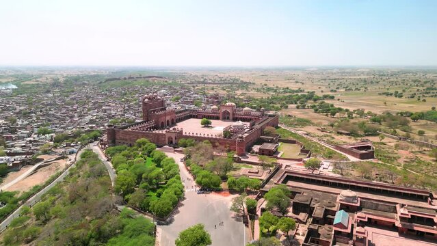 Fatehpur Sikri, India: Aerial view of Buland Darwaza (Victory Gate) and Jama Masjid mosque in historic town in Uttar Pradesh - landscape panorama of South Asia from above