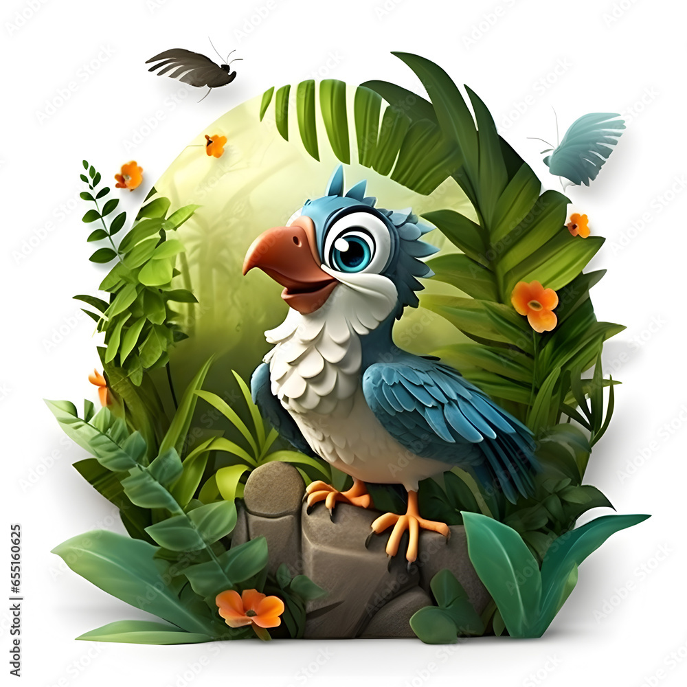 Sticker Colorful bird with tropical plants isolated on white