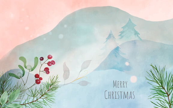 Vector Watercolor Christmas background. Winter hand drawn illustration isolated on white.