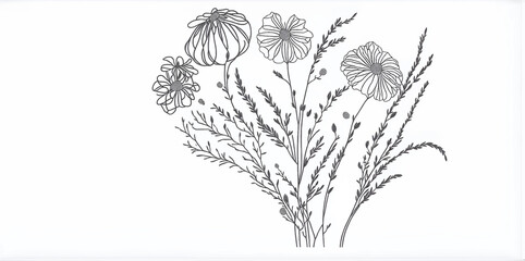 Drawing minimalist line art of a Delicate Florals bouquet - obrazy, fototapety, plakaty