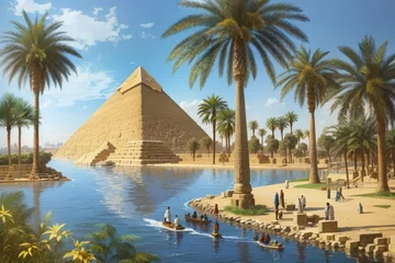Foto op Canvas ancient civilized Egypt with the pyramid of Giza and nile flowing Nile riverfront around it © ahmudz